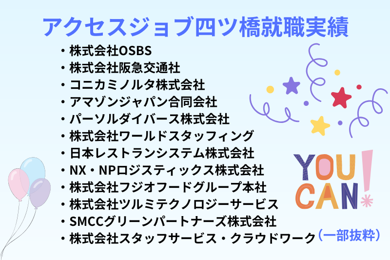 アマゾンジャパン合同会社 ・パーソルダイバース株式会社 ・コニカミノルタ株式会社 ・日本レストランシステム株式会社 ・NX・NPロジスティックス株式会社 ・株式会社OSBS ・株式会社阪急交通社 ・株式会社ワールドスタッフィング ・株式会社フジオフードグループ本社 ・株式会社ツルミテクノロジーサービス ・株式会社スタッフサービス・クラウドワーク ・株式会社クラ・ゼミ
