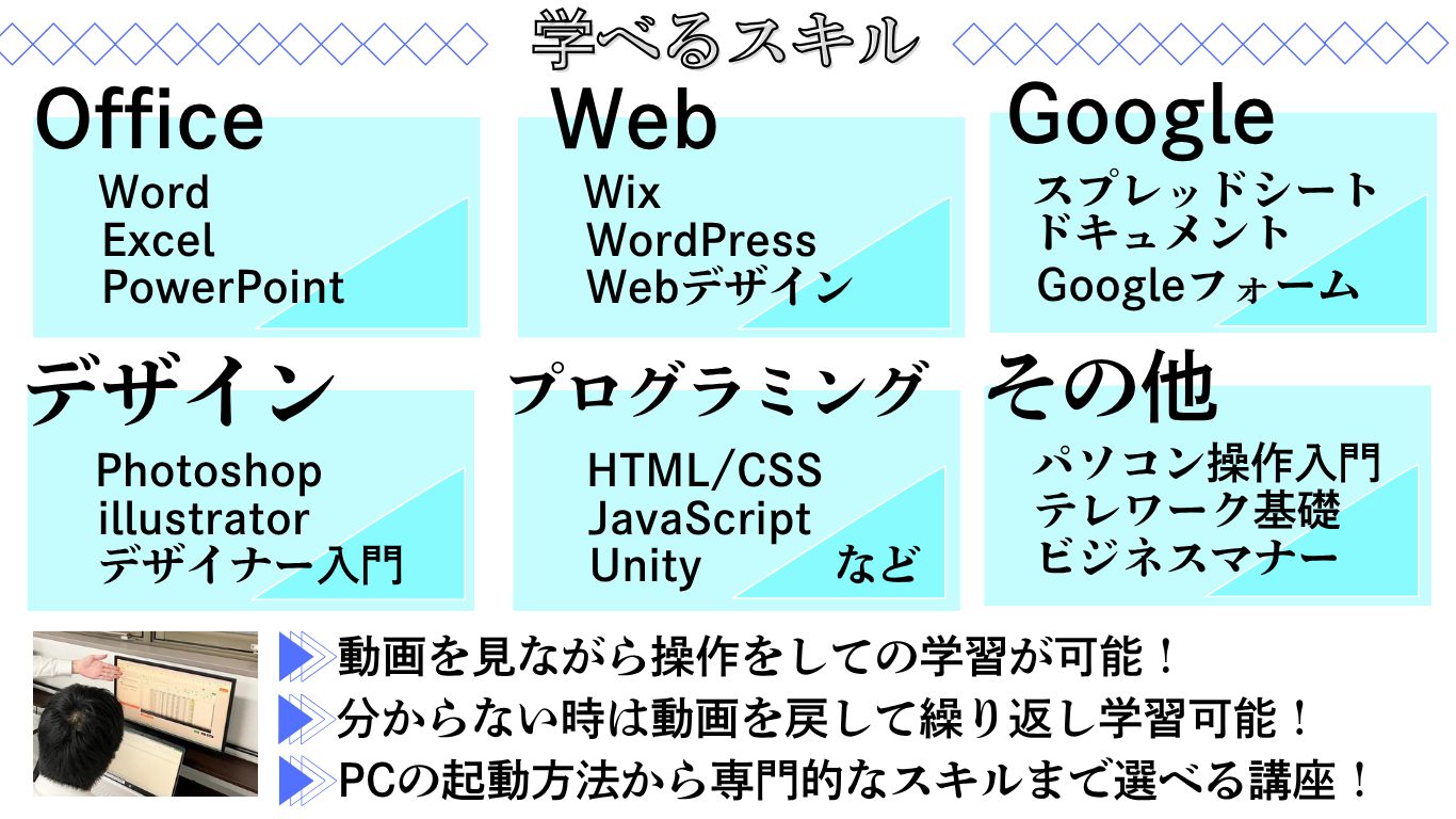 アクセスジョブ静岡で行うことの出来るPC訓練「クラ・スタ」の紹介。 officeソフト、Googleのツール、プログラミング言語等様々なPC訓練が行えます。
