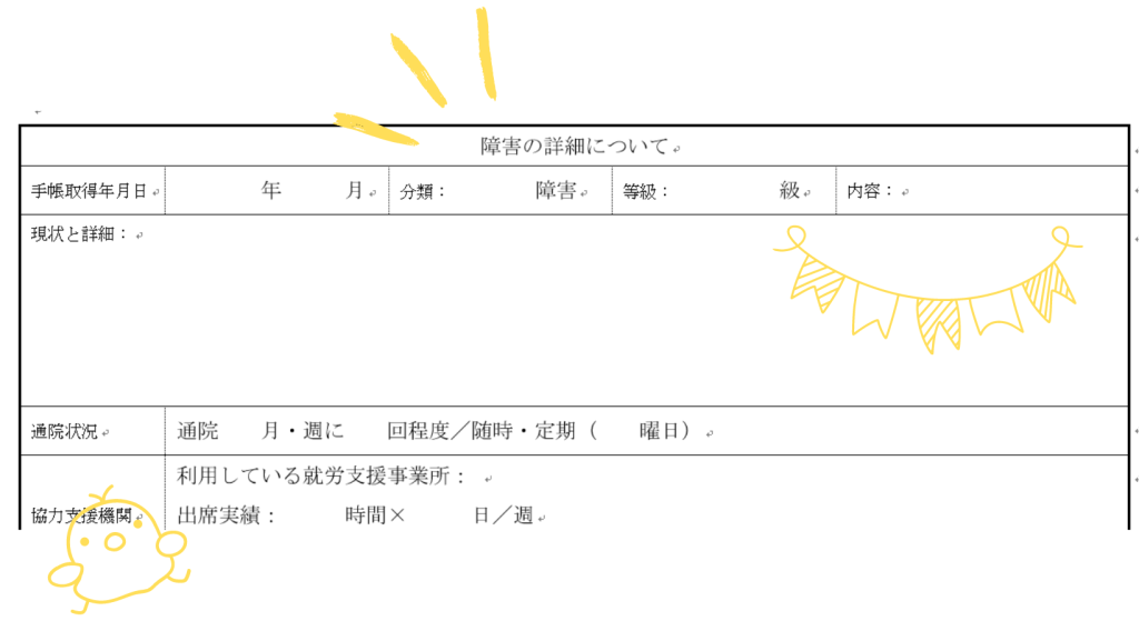 障害者　障害　障害雇用　求人　障害雇用　障害状況　配慮　合理的配慮　履歴書　志望動機　通院　働けない　働ける　オープン　クローズ就労　うつ　仕事　双極性障害　仕事　発達障害　仕事　ADHD　仕事　求人　向いている仕事　就活生　障害学生　障害詳細　