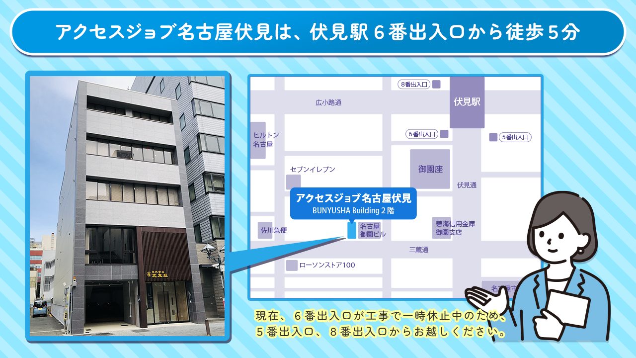 アクセスジョブ名古屋伏見は、伏見駅6番出入口から徒歩5分