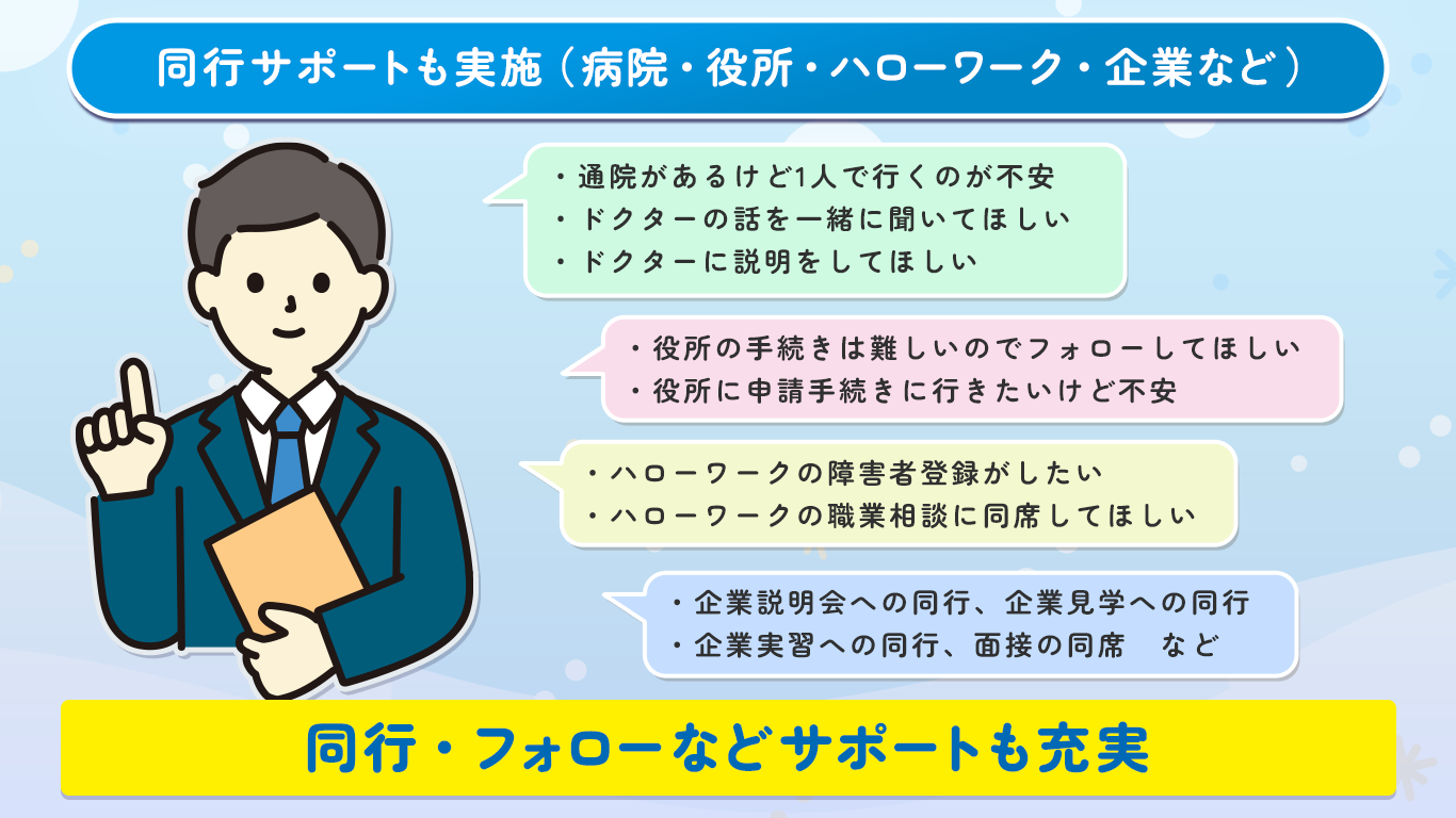 同行サポートも実施（病院・役所・ハローワーク・企業など）