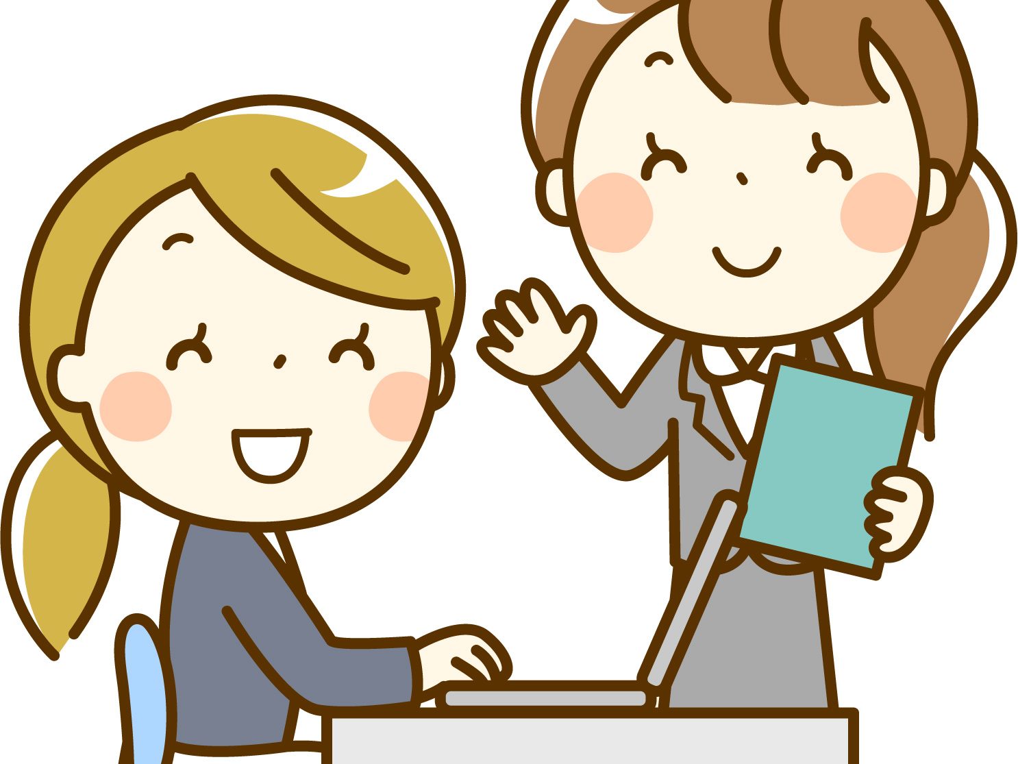 就労継続支援A型の仕事の一つ。微笑んだ支援員に見守られ、パソコンでデータ入力を笑顔で行う女性のイラスト。
