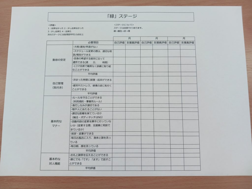 就労移行支援事業所アクセスジョブさいたまの「緑ステージ」の評価シートの写真