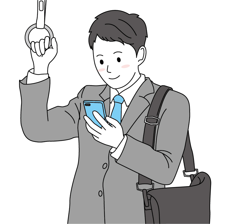 電車に乗ってスマホを見ている男性
