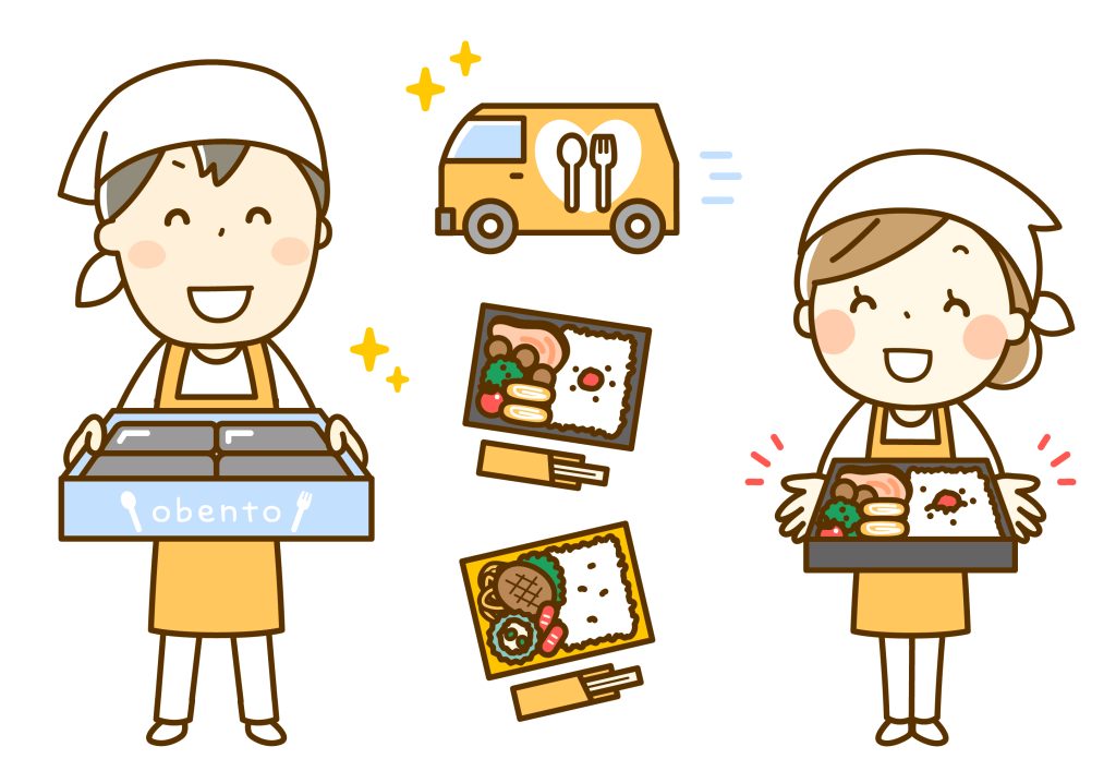 笑顔でお弁当を販売をする男女２人のイラスト。就労継続支援A型で扱っている仕事には、飲食店での接客や、データ入力・資料作成などの事務作業、工場での軽作業などがあります。。