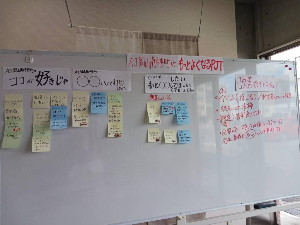 AJ岡山南中央町がもっと良くなるPJTのホワイトボード。AJの好きな点や要望が付箋で張り付けられている。右側には改善案が箇条書きされている。