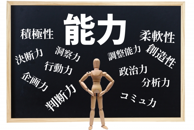 個人の様々な能力を黒板に書き出している図。面接では意欲やコミュニケーション能力、そして事業内容への適性を確認します。
