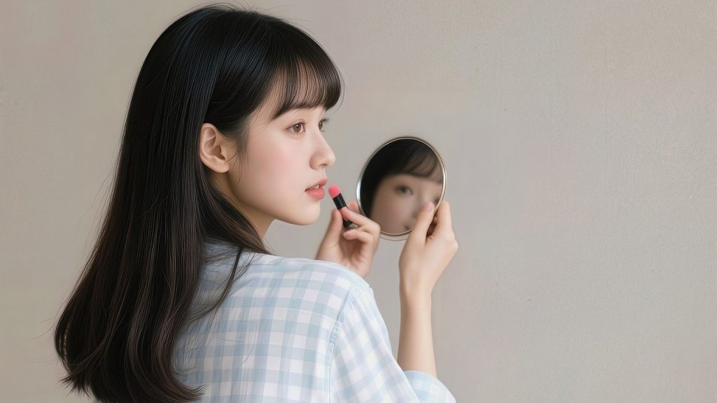 手鏡を持つ女性の写真。自分と向き合うイメージ。就労に必要なスキルを学ぶだけでなく、自分の障がいと向き合う力も身に付けられます。