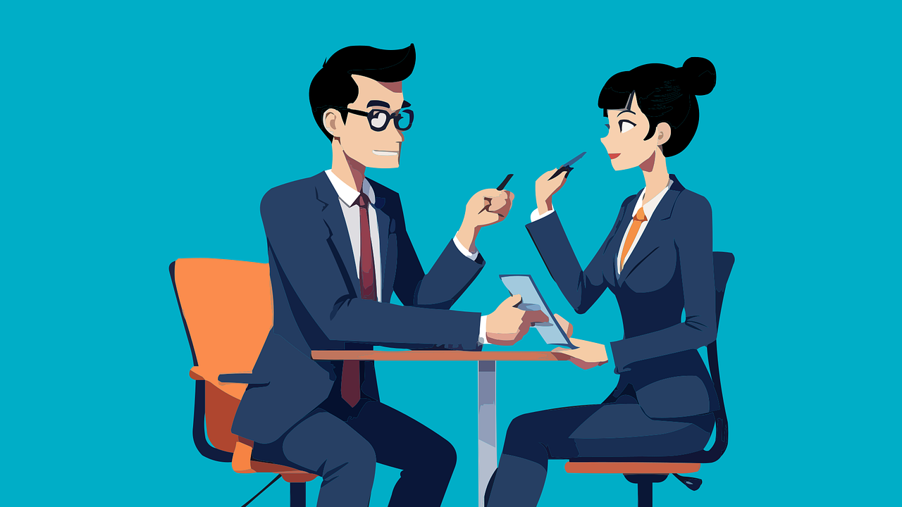 テーブル越しに話あう男女のイラスト。就労移行支援では、就職後半年間、職場定着に向けたサポートが受けられます。