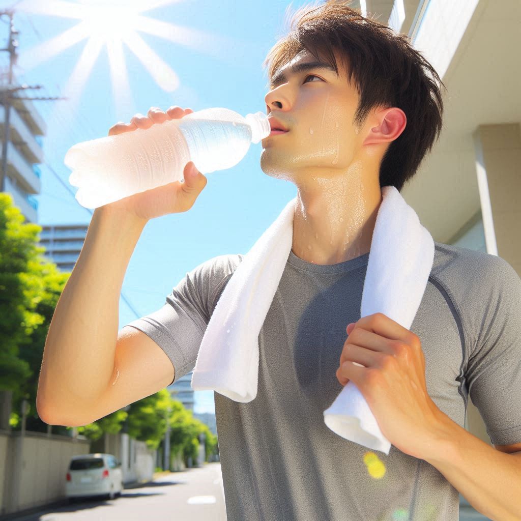 炎天下で水分補給をする男性S