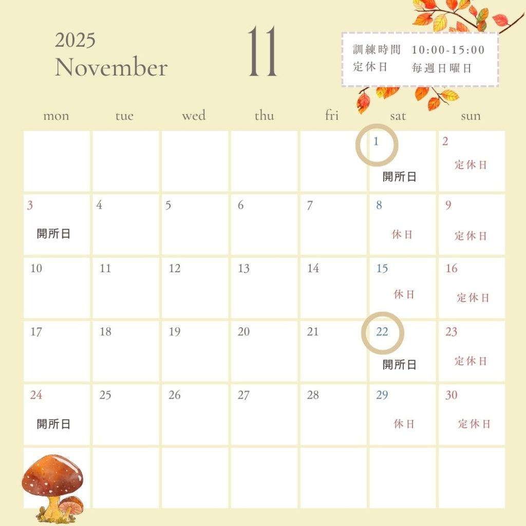 カレンダー、11月、土曜日、開所、祝日