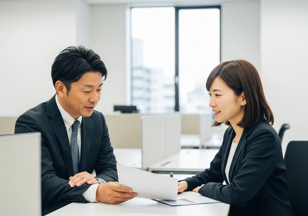 会社で仕事の相談をする風景