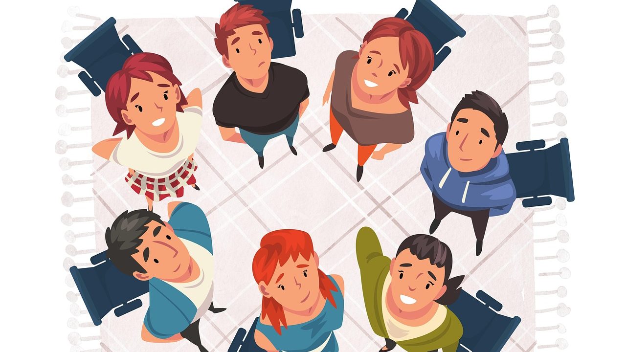 若い7名の男女が立ち姿で上を見上げているイラスト。就労選択支援を受ける利用者のイメージ。