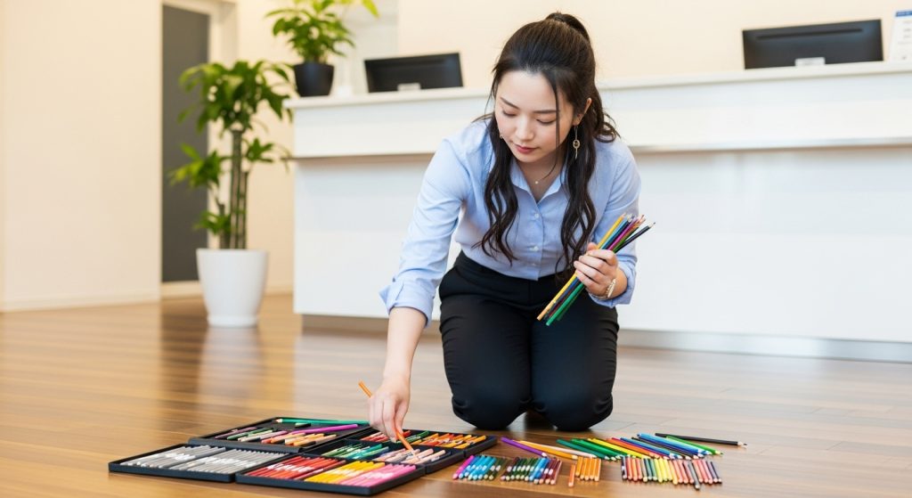 色鉛筆を並べる女性