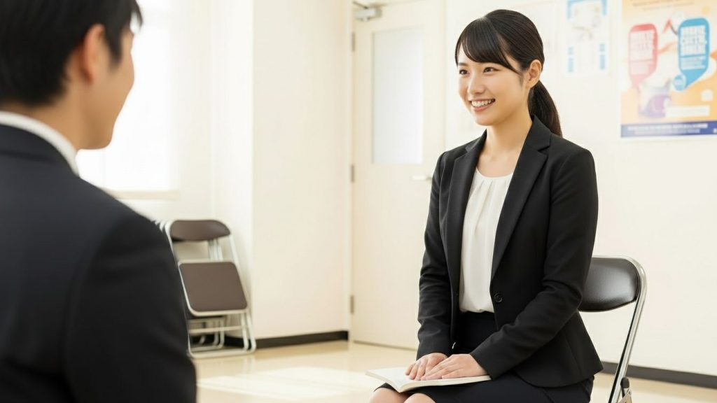 メモを見ながら面接を受ける女性