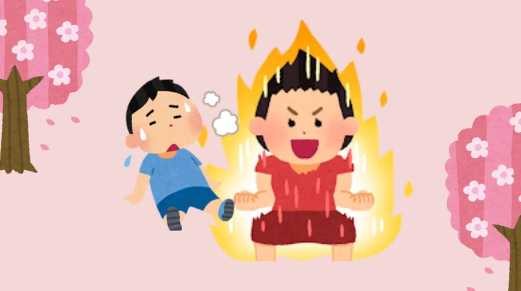 [気合の入りすぎている女の子と疲れ果てた男の子の画像]